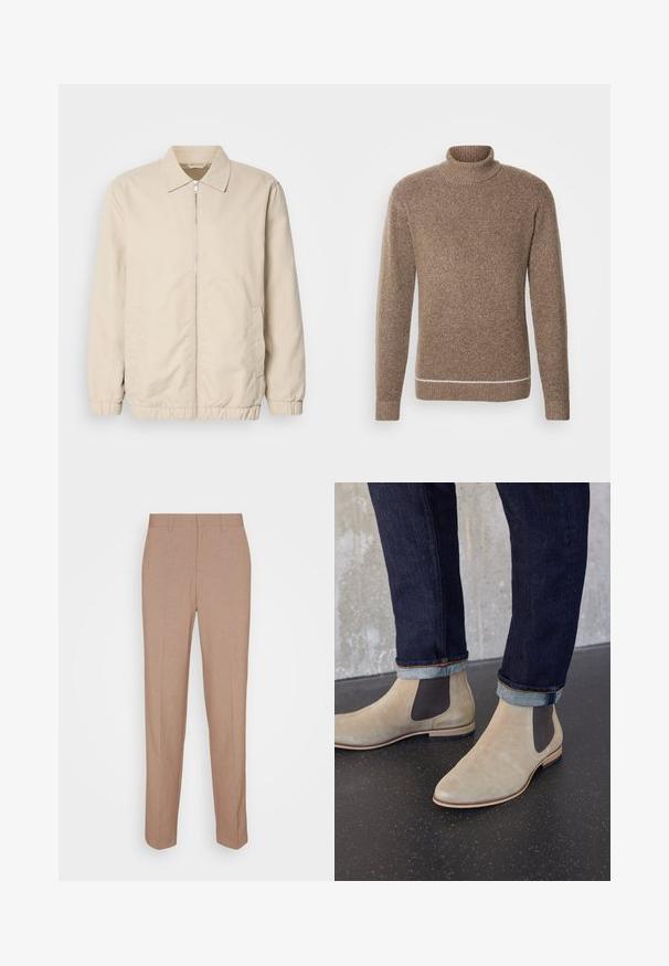 Béžová ľahká bunda so zipsom, golierom, elastickými manžetami a bočnými vreckami. Hladká textúra, priamy strih a minimalistický dizajn.; INDICODE JEANS Svetrík - otter; Béžové nohavice na mieru zo hladkej, štruktúrovanej tkaniny. Rovný strih s pásom bez viditeľných ozdôb alebo vreciek.; Svetlobéžové semišové Chelsea čižmy s tmavými elastickými bočnými panelmi nosené s tmavými vyhrnutými rifľami na čiernej škvrnatej podlahe.