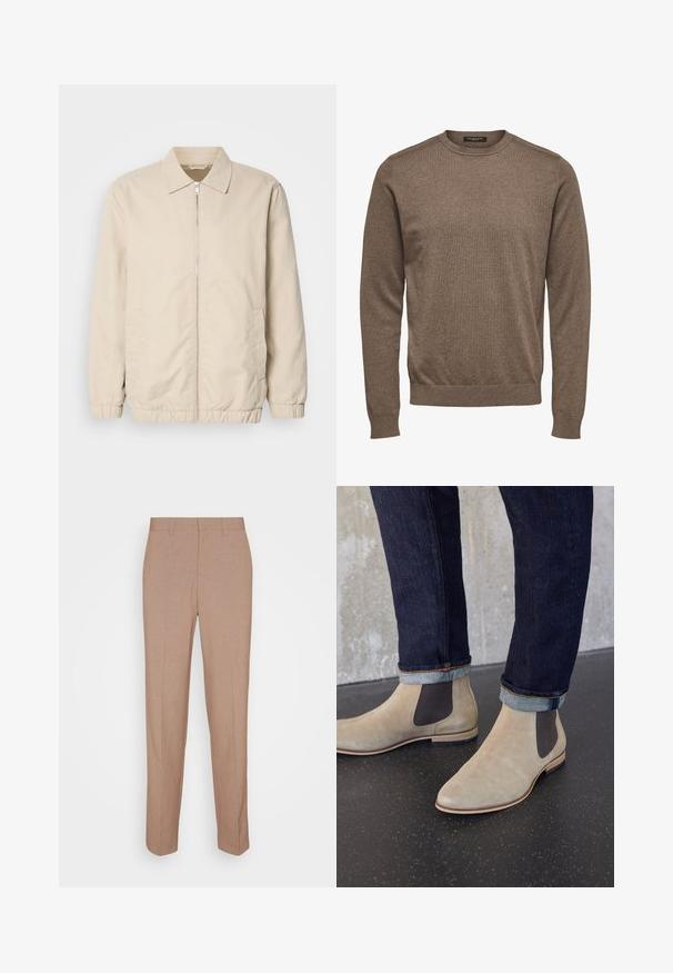 Beige letvægtsjakke med lynlås foran, krave, elastiske manchetter og sidelommer. Glat tekstur, lige snit og minimalistisk design.; Brun langærmet rundhalset sweater med ribmanchetter og kant, lavet af fint strikket stof, mærke Selected Homme.; Beige skræddersyede bukser i en glat, struktureret stof. Straight fit med en linning og uden synlige pyntedetaljer eller lommer.; Lyse beige ruskind Chelsea-støvler med mørke elastiske sidepaneler, båret med mørke op rullede denimjeans på sort plettet gulv.