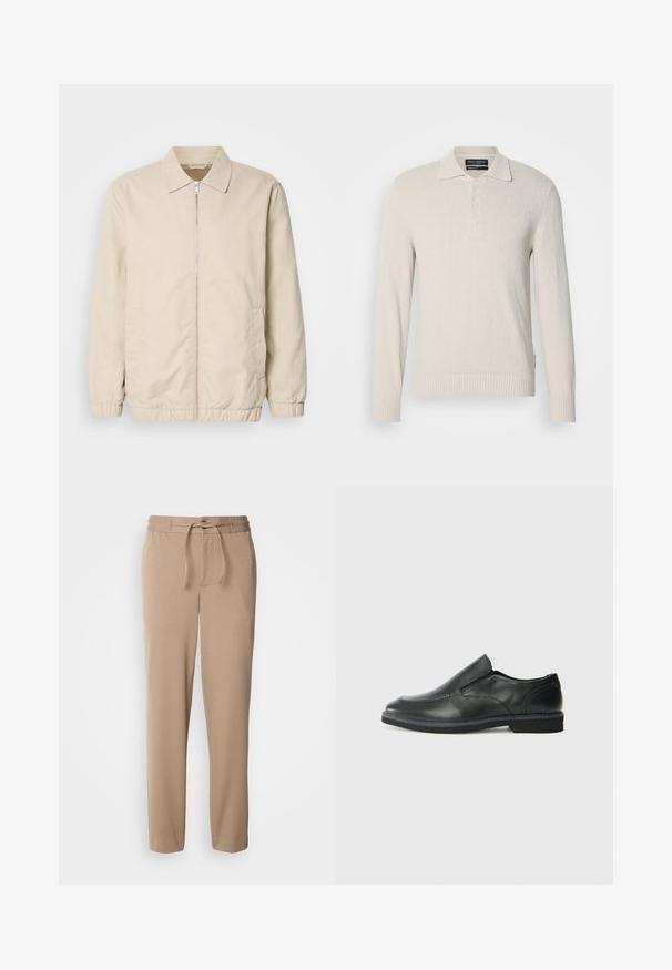 Beige leichte Jacke mit Reißverschluss, Kragen, elastischen Bündchen und Seitentaschen. Glatte Textur, gerader Schnitt und minimalistisches Design.; Hellbeige Langarm-Polo-Pullover aus weichem Strick mit strukturiertem Finish, ausgestattet mit einem klassischen Kragen und einer Drei-Knopf-Leiste.; Beige Sweatpants aus weichem Baumwollmaterial, mit elastischem Bund, Kordelzug, slim fit und geraden Beinen ohne Muster.; Schwarze Leder-Slipper mit glattem Obermaterial, gesteppten Akzenten, runder Zehenpartie und niedrigem Gummiabsatz. Die Sohle hat ein minimales Profil.