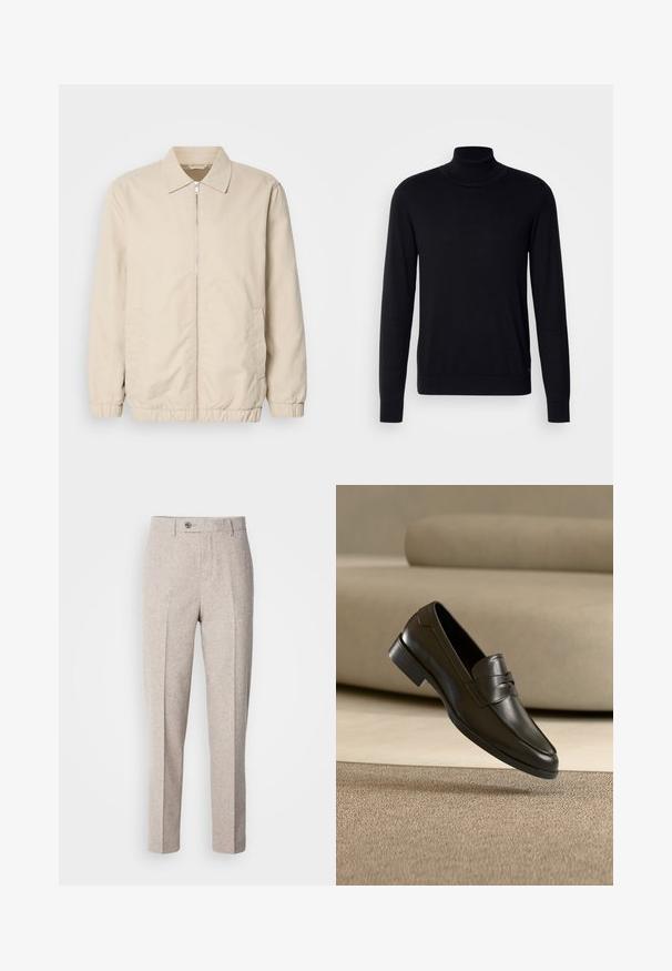 Beige letvægtsjakke med lynlås foran, krave, elastiske manchetter og sidelommer. Glat tekstur, lige snit og minimalistisk design.; Sort tregnet trøje lavet af blødt stof. Har lange ærmer, ribbestrikket krave og manchetter, samt en glat overflade uden mønstre.; Lys beige uldslynger med en glat tekstur, lige snit, frontfolder og en enkelt knaplukning i taljen.; Sort lædersko med slip-on design, svævende over beige tæppe med beige sofa i baggrunden, der fremhæver klassisk herrestil.