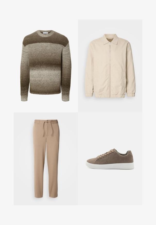 Chaqueta ligera beige con cierre frontal, cuello, puños elásticos y bolsillos laterales. Textura suave, corte recto y diseño minimalista.; Jersey de punto de manga larga con cuello redondo que presenta rayas horizontales en degradado en tonos marrones y beige.; Pantalones de chándal beige hechos de algodón suave, con cintura elástica, cordón, corte ajustado y perneras rectas sin estampados.; Zapatillas de ante marrón con suelas de goma blanca planas, diseño de cordones, punta redondeada y una textura suave. Estilo minimalista con sutiles detalles de costura.