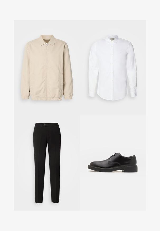 Veste légère beige avec fermeture éclair sur le devant, col, poignets élastiques et poches latérales. Texture lisse, coupe droite et design minimaliste.; Chemise blanche à boutons, en coton, avec un col classique, des manches longues et une broderie subtile sur la poitrine à gauche. Équipée de boutons beige.; Pantalons droits noirs en tissu lisse, dotés d'une fermeture à bouton et de poches latérales avec un design classique.; Chaussure noire en cuir à lacets avec un embout arrondi, texture lisse, piqures minimales et un petit talon en caoutchouc. Logo sur le talon.