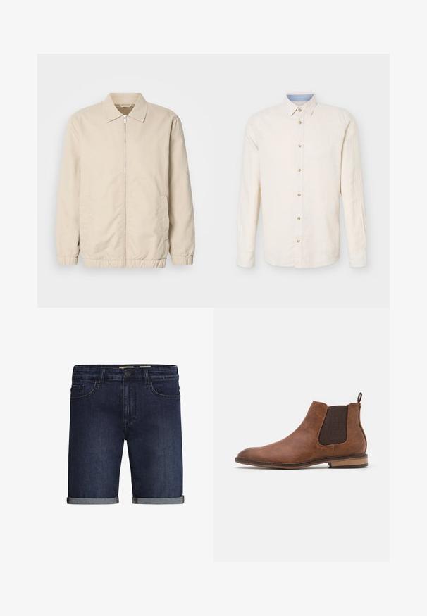 Beige lichtgewicht jack met een rits aan de voorkant, kraag, elastische manchetten en zijzakken. Gladde textuur, rechte snit en minimalistisch ontwerp.; Beige overhemd met lange mouwen en knopen, met een puntkraag, zeven zichtbare knopen en een lichtblauw detail aan de binnenzijde van de kraag.; Donkerblauwe denim shorts met een klassieke vijf-pocket ontwerp, een opgerolde zoom en een knoopsluiting. Gladde textuur.; Bruine leren Chelsea-boot met elastische zijkanten, ronde neus en trekhaak. Heeft een gestructureerd afwerking en een lage houten hak.