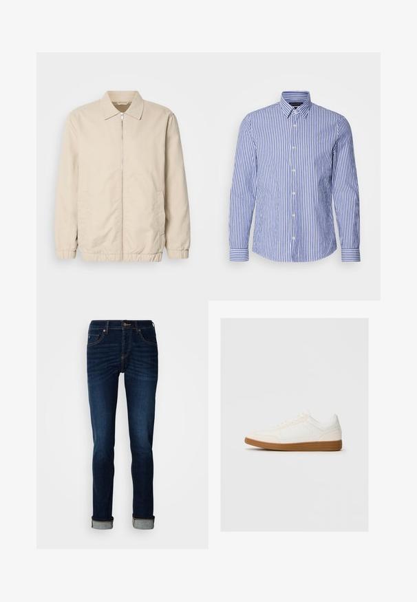 Beige letvægtsjakke med lynlås foran, krave, elastiske manchetter og sidelommer. Glat tekstur, lige snit og minimalistisk design.; Blå og hvidstribet langærmet skjorte med knapper lavet af vævet bomuld, med klassisk krave og rundet kant. Udstyret med perleknapper.; Dunkelblå jeans med lige ben, lynlås, og opkrøllede kanter. Fremstillet af denim med let falmende farve og kontrastfarvede syninger.; Hvide sneakers med en ruskind tåspids, glat syntetisk overdel og tan gummisål. Har perforeringer på siderne for åndbarhed.