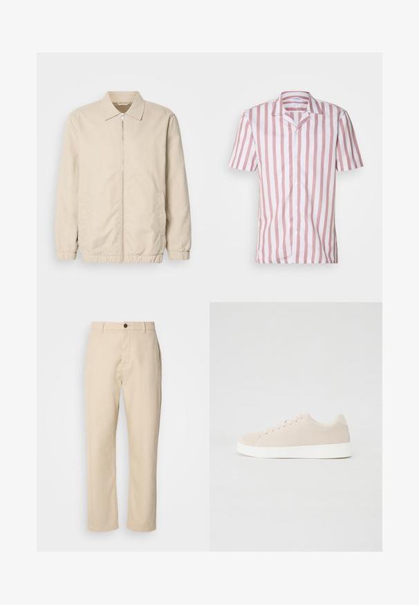 Veste légère beige avec fermeture éclair sur le devant, col, poignets élastiques et poches latérales. Texture lisse, coupe droite et design minimaliste.; Chemise à manches courtes à rayures verticales roses et blanches, en tissu léger, avec un col et une fermeture à boutons à l'avant.; Pantalons en coton beige avec jambes droites, fermeture à bouton à l'avant, poches latérales et texture lisse. Design minimaliste, sans motifs visibles.; Baskets en daim beige avec semelles en caoutchouc blanc, bout rond et six œillets pour les lacets. Texture lisse avec un design minimaliste.