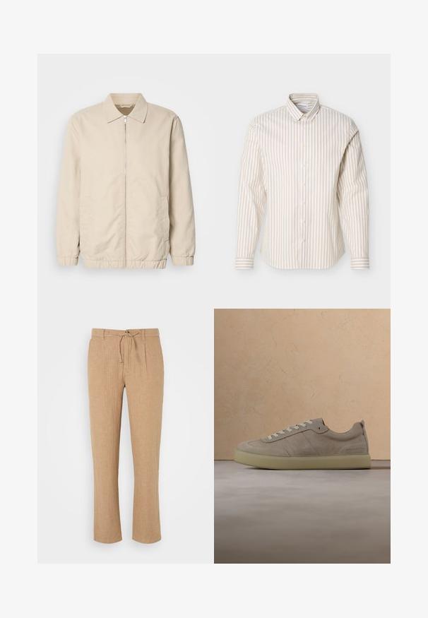 Beige kevyt takki, jossa on vetoketjulla suljettava etuosa, kaulus, joustavat hihansuut ja sivutaskut. Suloinen tekstuuri, suoralinjainen leikkaus ja minimalistischinen muotoilu.; Beige- ja valkoraidallinen pitkähihainen nappikauluspaita, jossa on nappikaulus, esillä yksinkertaisella valkoisella taustalla.; Beige lakanhousut, joissa on suoralahkeinen muotoilu, naru vyötäröllä ja hienovarainen teksturoitu viimeistely. Etupuolella olevat pleatit lisäävät yksityiskohtia klassiseen tyyliin.; Beige mokkanahkainen tennari, jossa valkoiset nauhat, kelluu beigen sävyisen, teksturoidun maton yläpuolella. Taustalla pyöreä puupöytä ja kirjoja neutraalissa olohuoneympäristössä.