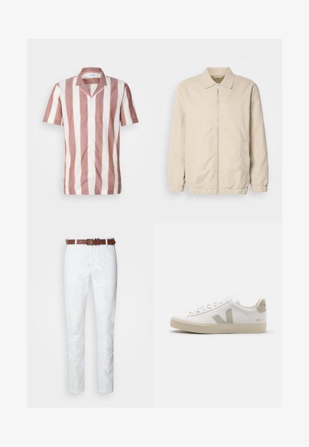 Veste légère beige avec fermeture éclair sur le devant, col, poignets élastiques et poches latérales. Texture lisse, coupe droite et design minimaliste.; Chemise à manches courtes en tissu léger, ornée de larges rayures verticales rose et blanc, avec un col et des boutons sur le devant.; Pantalon en coton blanc à coupe droite, arborant une ceinture en cuir marron. Le tissu a une texture lisse et un design classique.; Baskets en cuir blanc avec des accents beiges, semelle plate en caoutchouc, bout rond et logo contrastant sur le côté et à l'arrière. Design à lacets.