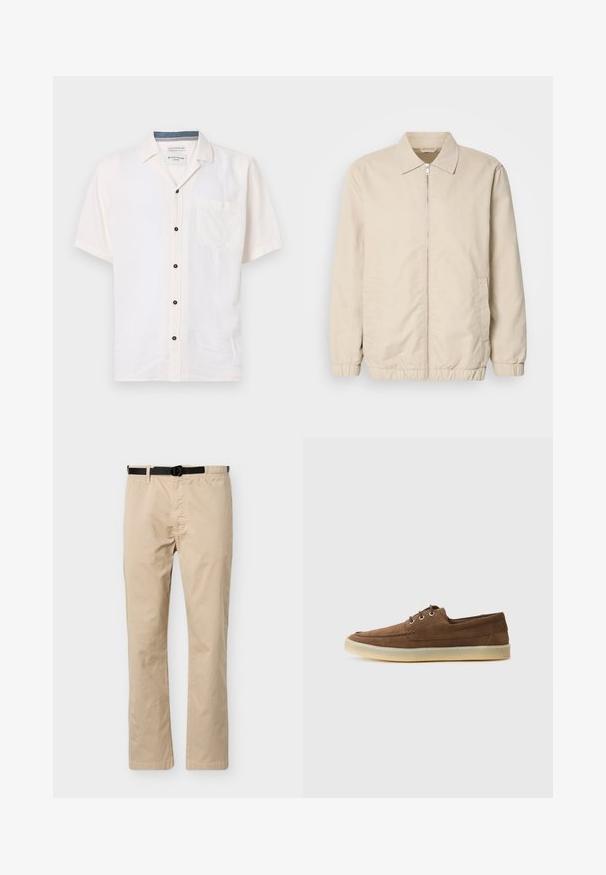 Chaqueta ligera beige con cierre frontal, cuello, puños elásticos y bolsillos laterales. Textura suave, corte recto y diseño minimalista.; Camisa de manga corta hecha de una tela ligera, en color blanco roto, con un bolsillo en el pecho y botones negros a lo largo del cierre frontal.; Pantalones beige de pierna recta con cinturón negro ajustable, pretina elástica en un lado y detalle de costura frontal.; Zapatos de ante marrón con un diseño de perfil bajo, con cordones, suela de goma y detalles de costura en contraste. Estilo simple y funcional.