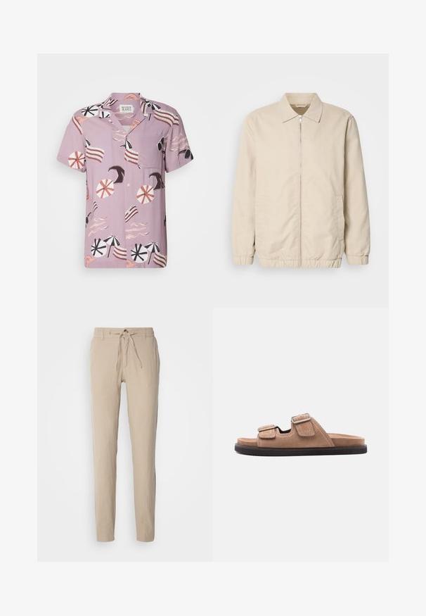 Veste légère beige avec fermeture éclair sur le devant, col, poignets élastiques et poches latérales. Texture lisse, coupe droite et design minimaliste.; Chemise à manches courtes, de couleur lavande, arborant un motif sur le thème de la plage avec des parapluies, des vagues et des accents rayés. Comprend une poche poitrine et une fermeture à boutons.; Pantalon en lin beige avec une coupe droite, une taille élastique avec cordon de serrage et deux poches latérales. Texture lisse et design minimal.; Sandale à glissière en suède marron avec semelle noire, présentant deux brides ajustables avec boucles et détail de couture blanche, vue latérale sur fond blanc.