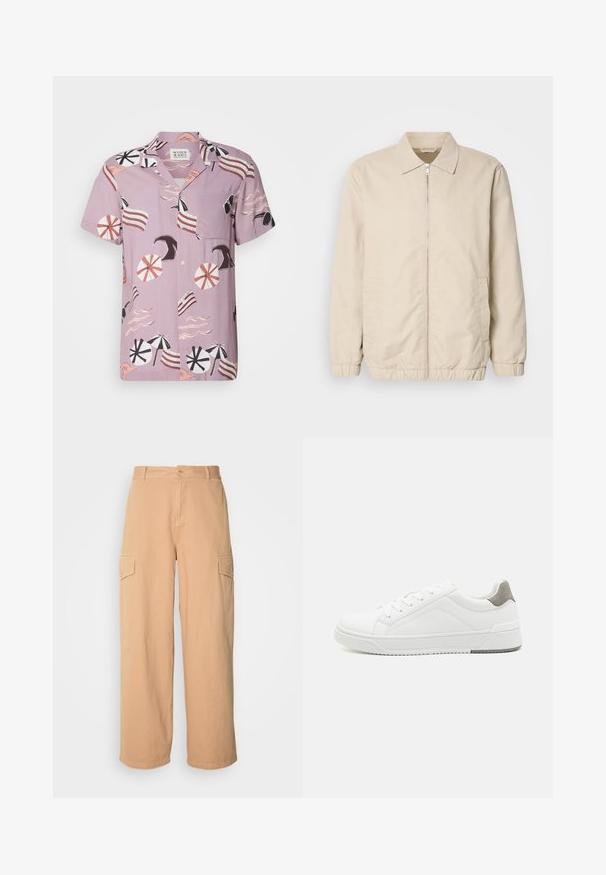 Veste légère beige avec fermeture éclair sur le devant, col, poignets élastiques et poches latérales. Texture lisse, coupe droite et design minimaliste.; Chemise à manches courtes, de couleur lavande, arborant un motif sur le thème de la plage avec des parapluies, des vagues et des accents rayés. Comprend une poche poitrine et une fermeture à boutons.; Pantalon cargo beige à jambes larges en tissu léger, doté de deux poches latérales et d'une fermeture à bouton à la taille. Texture douce.; Basket blanche en cuir lisse, à bout arrondi, design minimaliste, accent de talon gris et semelle en caoutchouc texturé.