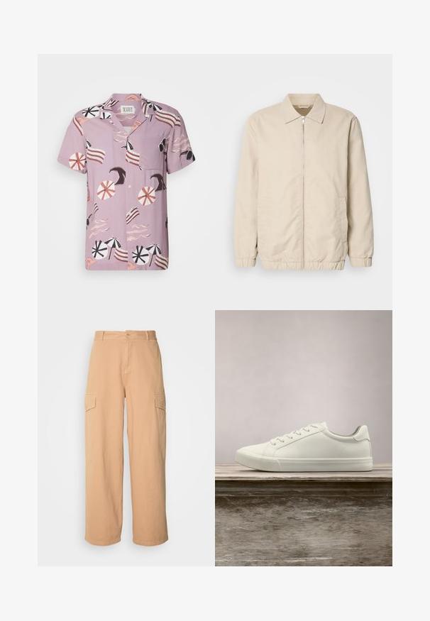 Veste légère beige avec fermeture éclair sur le devant, col, poignets élastiques et poches latérales. Texture lisse, coupe droite et design minimaliste.; Chemise à manches courtes, de couleur lavande, arborant un motif sur le thème de la plage avec des parapluies, des vagues et des accents rayés. Comprend une poche poitrine et une fermeture à boutons.; Pantalon cargo beige à jambes larges en tissu léger, doté de deux poches latérales et d'une fermeture à bouton à la taille. Texture douce.; Sneaker en dentelle blanche flottant au-dessus d'un banc en bois avec un feuillage vert en arrière-plan, mettant en valeur le design et la texture de la chaussure.