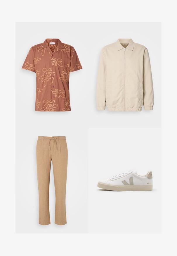 Beige leichte Jacke mit Reißverschluss, Kragen, elastischen Bündchen und Seitentaschen. Glatte Textur, gerader Schnitt und minimalistisches Design.; Braunes kurzes T-Shirt mit Blumenmuster aus goldenen Fäden, zwei dunklen Knöpfen und einem Kragen. Weicher Stoff mit lockerer Passform.; Beige Leinenhosen mit geradem Bein, Kordelzugbund und dezent strukturiertem Finish. Vorderfalten verleihen dem klassischen Stil Detail.; Weiße Ledersneaker mit beigen Akzenten, flacher Gummisohle, runder Zehenpartie und kontrastierendem Logo an der Seite und Rückseite. Mit Schnürdesign.