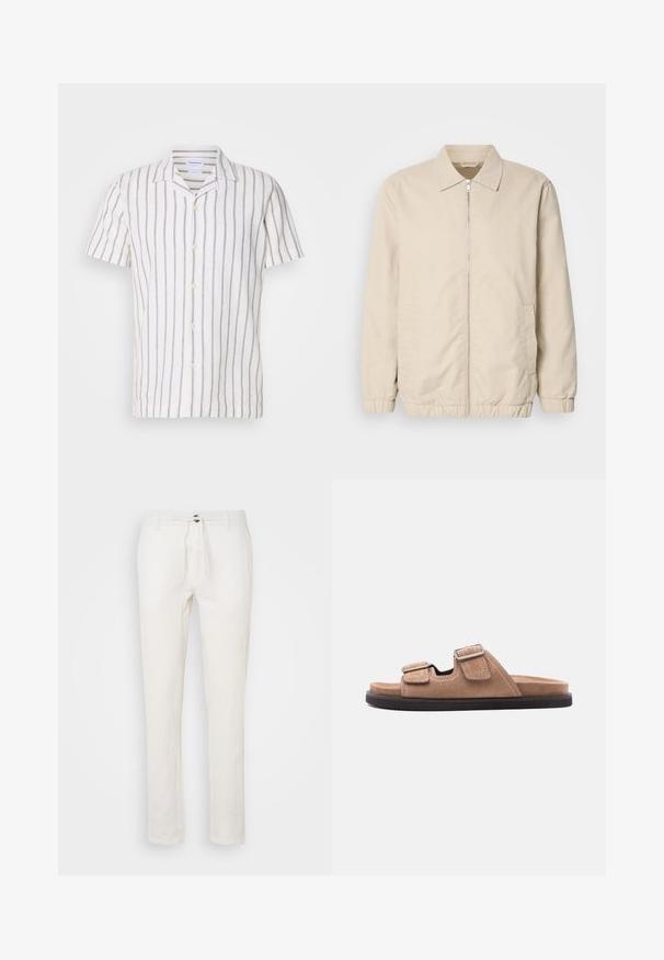 Chaqueta ligera beige con cierre frontal, cuello, puños elásticos y bolsillos laterales. Textura suave, corte recto y diseño minimalista.; Camisa de lino de manga corta con rayas verticales en gris claro sobre un fondo blanco, con un cuello clásico y cierre frontal de botones.; Pantalones de lino blancos con cintura ajustable, diseño de pierna recta y textura sutil. Sin bolsillos visibles ni patrones.; Sandalia tipo slide de ante marrón con suela negra, cuenta con dos correas ajustables con hebillas y detalle de costura blanca, vista lateral sobre fondo blanco.