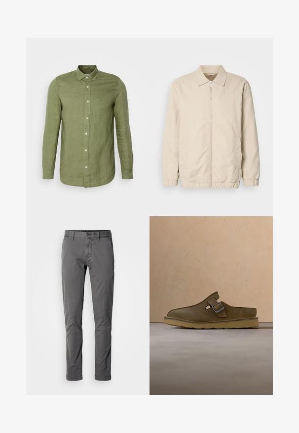 Beige letvægtsjakke med lynlås foran, krave, elastiske manchetter og sidelommer. Glat tekstur, lige snit og minimalistisk design.; Olivengrøn hørskjorte med krave, lange ærmer og forrest knapper med hvide knapper og et tekstureret stof.; Slim-fit grå bomuldsbukser med knaplukning, sidelommer og en glat tekstur. Har et klassisk design og skræddersyet silhuet.; Olivengrøn ruskind slip-on sko med metalspænde og tyk lysebrun sål, placeret over et beige tæppe nær et rundt træbord.