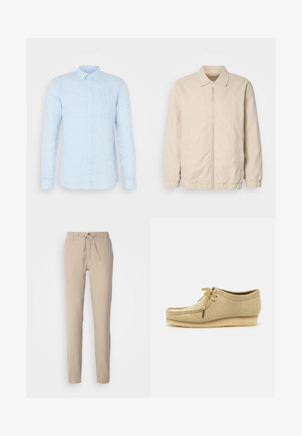 Beige leichte Jacke mit Reißverschluss, Kragen, elastischen Bündchen und Seitentaschen. Glatte Textur, gerader Schnitt und minimalistisches Design.; Helles blaues Leinenhemd mit langen Ärmeln, spitzem Kragen und einer Brusttasche. Verfügt über eine leicht strukturierte Oberfläche und Knopfverschluss.; Beige Leinenhose mit geradem Schnitt, elastischem Bund mit Kordelzug und zwei Seitentaschen. Glatte Textur und minimalistisches Design.; Beige Wildlederschuh mit Schnürdesign, gestickten Details und Gummisohle. Die Form ist lässig mit einem leichten Keilabsatz.