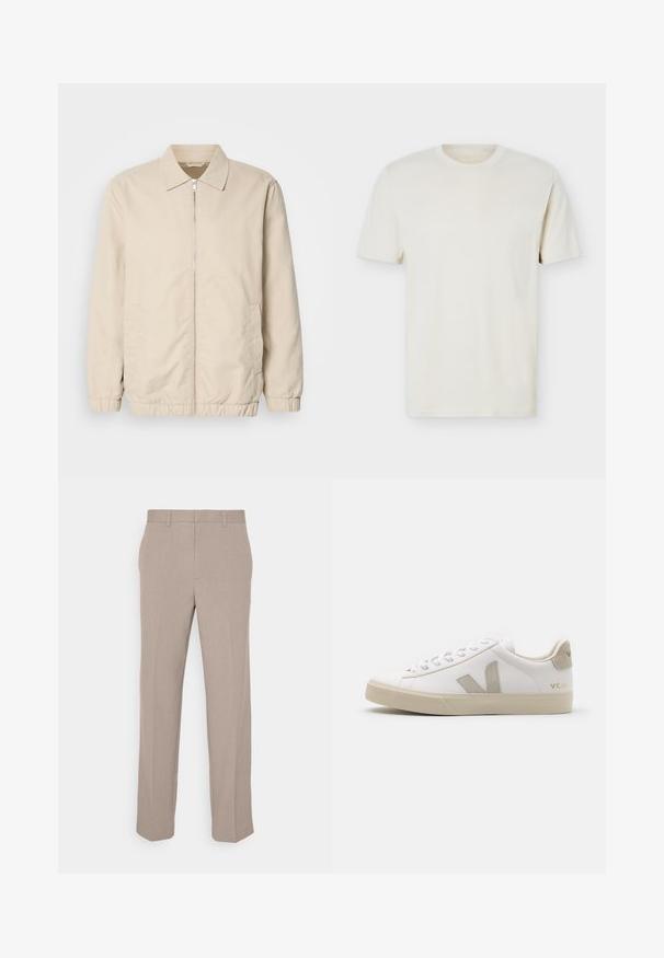 Beige leichte Jacke mit Reißverschluss, Kragen, elastischen Bündchen und Seitentaschen. Glatte Textur, gerader Schnitt und minimalistisches Design.; Schlichtes, cremefarbenes T-Shirt mit kurzen Ärmeln und Rundhalsausschnitt, mit dezentem Logo auf der linken Brust, auf weißem Hintergrund liegend präsentiert.; Beige Hosen aus leichtem Material mit geradem Bein und flachem Frontdesign. Keine sichtbaren Muster oder Verzierungen.; Weiße Ledersneaker mit beigen Akzenten, flacher Gummisohle, runder Zehenpartie und kontrastierendem Logo an der Seite und Rückseite. Mit Schnürdesign.