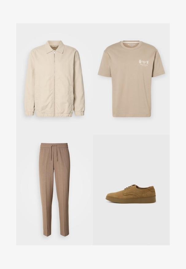Beige kevyt takki, jossa on vetoketjulla suljettava etuosa, kaulus, joustavat hihansuut ja sivutaskut. Suloinen tekstuuri, suoralinjainen leikkaus ja minimalistischinen muotoilu.; Beigenvärinen lyhythihainen T-paita pyöreällä pääntiellä, jossa on pieniä hyönteisaiheisia grafiikoita ja "Marc O'Polo"-logo vasemmassa rinnassa.; Ruske, tkanine hlače z ohlapnim krojem, z vrvico v pasu in sprednjimi pregibi. Ravnimi hlačnicami in brez vidnih žepov ali kovinskih delov.; Ruskea mokkakengät, joissa on nauhat ja litteä kumipohja, kuvattu sivulta vaalealla yksinkertaisella taustalla.
