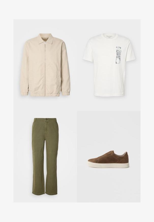 Veste légère beige avec fermeture éclair sur le devant, col, poignets élastiques et poches latérales. Texture lisse, coupe droite et design minimaliste.; T-shirt blanc à manches courtes avec col rond et graphique abstrait rectangulaire noir sur la partie gauche de la poitrine.; Pantalon en coton vert olive avec une coupe droite, fermeture à bouton visible et coutures au niveau des genoux pour plus de détails et de structure.; Baskets à enfiler en daim marron avec un bout rond, une semelle en caoutchouc blanche et des détails lisses sur les côtés.