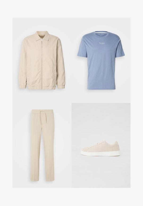 Beige leichte Jacke mit Reißverschluss, Kragen, elastischen Bündchen und Seitentaschen. Glatte Textur, gerader Schnitt und minimalistisches Design.; Hellblaues Baumwoll-T-Shirt mit kurzen Ärmeln, Rundhalsausschnitt und dem in Weiß auf der Brust aufgedruckten "Marc O’Polo"-Logo. Reguläre Passform.; Beige, elastische Hosen mit einem Kordelzug. Sie haben gerade Beine und eine glatte Textur, geeignet für Freizeit oder Entspannung.; Beige Wildlederschuhe mit weißen Gummisohlen, runder Zehenform und sechs Ösen für die Schnürsenkel. Glatte Textur mit minimalistischem Design.