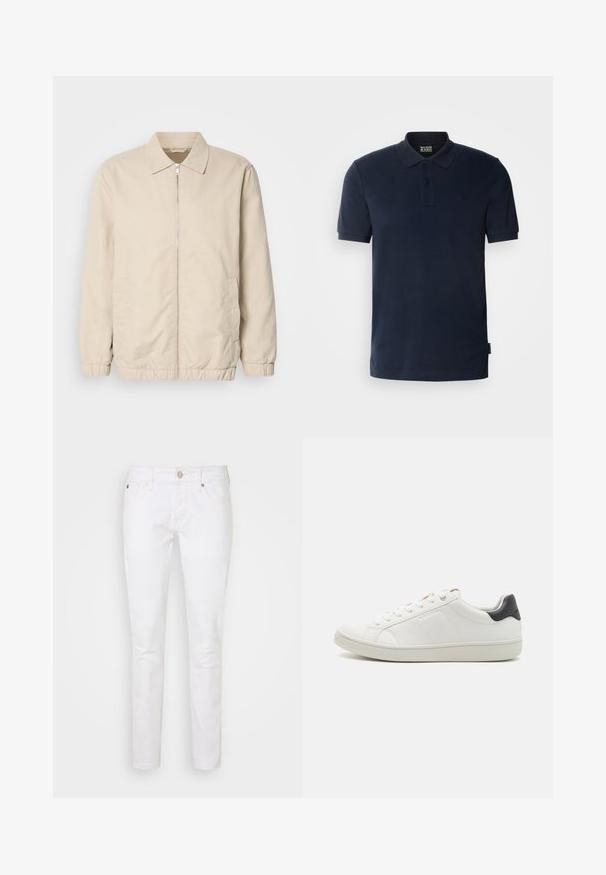 Beige leichte Jacke mit Reißverschluss, Kragen, elastischen Bündchen und Seitentaschen. Glatte Textur, gerader Schnitt und minimalistisches Design.; Dunkelblauses Poloshirt aus Baumwolle mit einem klassischen Kragen, drei Knöpfen, kurzen Ärmeln und einem kleinen Logo auf der linken Brust.; Weiße Denim-Jeans mit schlankem Schnitt, die ein klassisches Fünf-Taschen-Design, einen Knopfverschluss und dezente Nähdetails aufweisen.; Weiße Leder-Sneaker mit abgerundetem Zeh, flacher Gummisohle, seitlichen Nahtdetails und einem kontrastierenden dunklen Fersenakzent. Schnürsenkel mit metallischen Ösen.