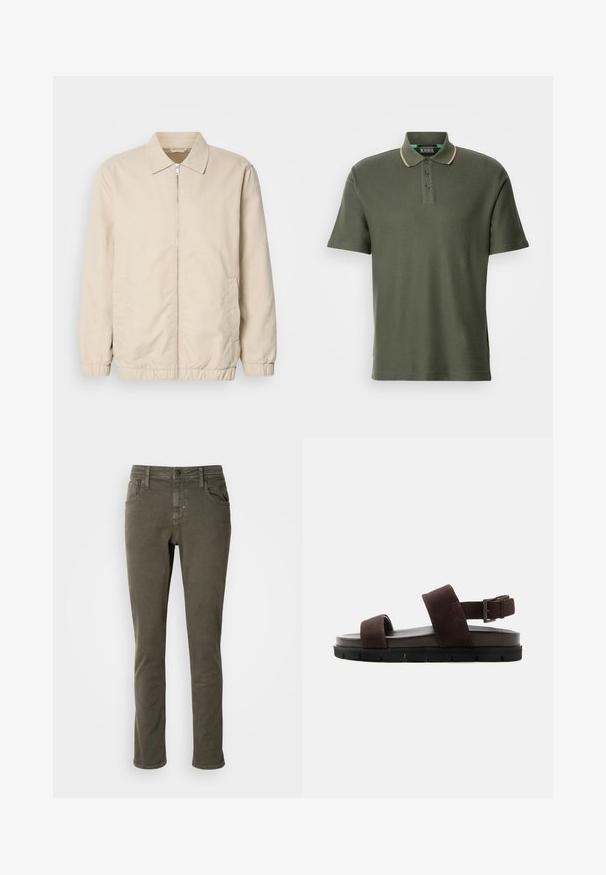 Beige leichte Jacke mit Reißverschluss, Kragen, elastischen Bündchen und Seitentaschen. Glatte Textur, gerader Schnitt und minimalistisches Design.; Scotch & Soda STRUCTURED RELAXED FIT - Poloshirt - thyme; Antony Morato KURT COMFORT - Jeans Tapered Fit - dark olive; Braune Wildleder-Sandale mit zwei Riemen, dicker gepolsterter Sohle und verstellbarem Schnallen-Fersenriemen, seitlich auf weißem Hintergrund gezeigt.