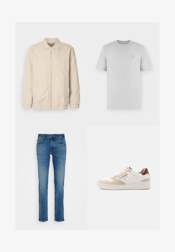 Beige leichte Jacke mit Reißverschluss, Kragen, elastischen Bündchen und Seitentaschen. Glatte Textur, gerader Schnitt und minimalistisches Design.; Schlichtes hellgraues T-Shirt mit kurzen Ärmeln, rundem Halsausschnitt und kleinem dezent besticktem Logo auf der linken Brust.; Blaue Denim-Jeans mit geradem Bein, fünf Taschen und einem Knopfverschluss an der Taille, mit leichtem Verblassen und Whisker-Effekten.; Niedriger Sneaker in Weiß und Beige mit bordeauxrotem Fersenbereich, perforierter Spitze, weißen Schnürsenkeln und "ALLSAINTS"-Logo an der Seite.