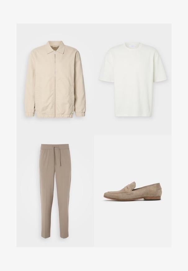 Veste légère beige avec fermeture éclair sur le devant, col, poignets élastiques et poches latérales. Texture lisse, coupe droite et design minimaliste.; T-shirt blanc texturé à manches courtes, col rond, coupe régulière et petite étiquette de marque à l'intérieur du col.; Pantalons beige clair avec une taille élastique, cordon de serrage ajustable et jambes fuselées. Le tissu semble lisse avec un léger éclat.; Mocassin en suède beige avec des coutures minimales, un talon plat et une semelle en cuir. Présente un accent de lanière unique près du cou-de-pied. Silhouette plate.