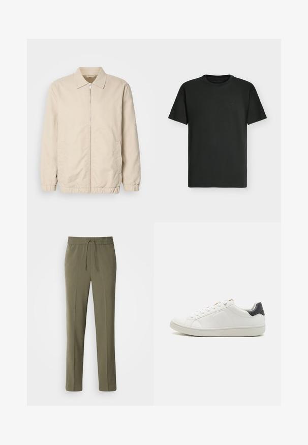 Beige leichte Jacke mit Reißverschluss, Kragen, elastischen Bündchen und Seitentaschen. Glatte Textur, gerader Schnitt und minimalistisches Design.; Schlichtes schwarzes T-Shirt mit kurzen Ärmeln und Rundhalsausschnitt, mit einem dezent gestickten Logo auf der oberen Brust vor hellem Hintergrund.; Olivengrüne, leichte Hose mit elastischem Bund und verstellbarem Kordelzug; gerades Bein Design und glatte Textur.; Weiße Leder-Sneaker mit abgerundetem Zeh, flacher Gummisohle, seitlichen Nahtdetails und einem kontrastierenden dunklen Fersenakzent. Schnürsenkel mit metallischen Ösen.