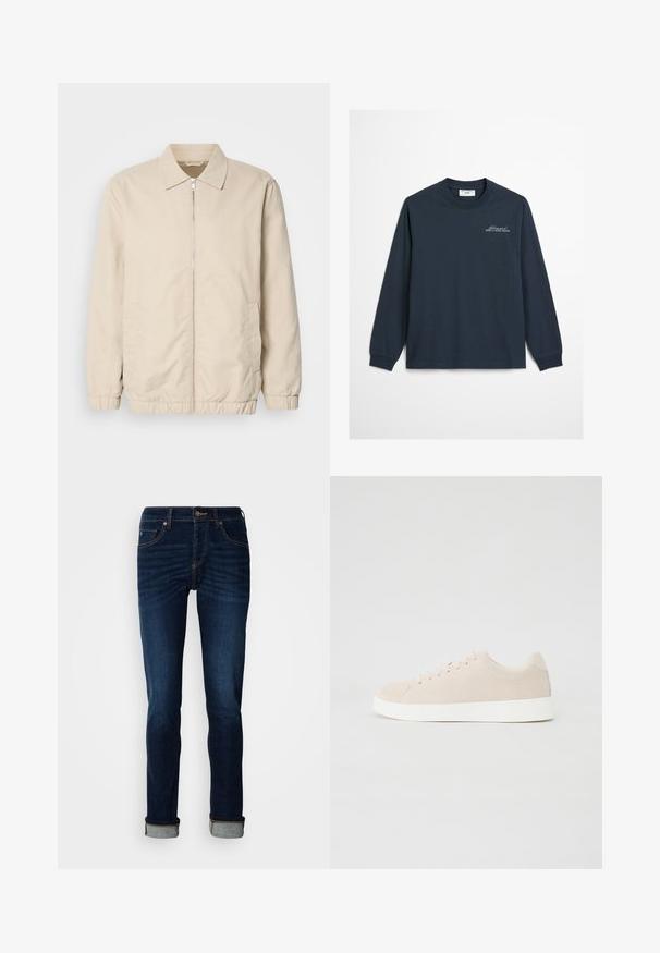 Beige letvægtsjakke med lynlås foran, krave, elastiske manchetter og sidelommer. Glat tekstur, lige snit og minimalistisk design.; Marine langærmet T-shirt lavet af blødt bomuld med rund hals. Har broderet logotekst på brystet og ribbede ærmer.; Dunkelblå jeans med lige ben, lynlås, og opkrøllede kanter. Fremstillet af denim med let falmende farve og kontrastfarvede syninger.; Beige ruskindsneakers med hvide gummisåler, rund tå og seks snøringshuller. Glat tekstur med minimalisk design.