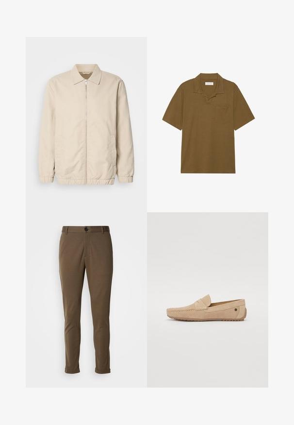 Chaqueta ligera beige con cierre frontal, cuello, puños elásticos y bolsillos laterales. Textura suave, corte recto y diseño minimalista.; Polo marrón hecho de una tela suave, con cuello, mangas cortas y un bolsillo en el lado izquierdo del pecho. Diseño simple y minimalista.; Pantalones marrones, ajustados y con una textura suave, que presentan un cierre con botón y dobladillos enrollados. Diseñados con un corte slim y bolsillos funcionales.; Jack & Jones JFWJENSEN - Mocasines - moonbeam