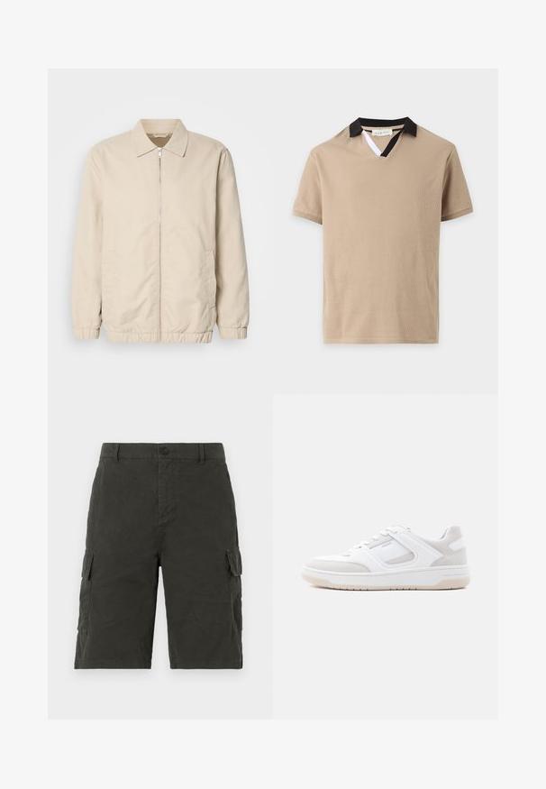 Veste légère beige avec fermeture éclair sur le devant, col, poignets élastiques et poches latérales. Texture lisse, coupe droite et design minimaliste.; Polo beige à manches courtes avec un col noir et une petite insertion blanche sur l'ouverture en V.; Shorts cargo verts foncés en tissu léger, dotés de deux poches latérales et d'une fermeture à bouton à la taille.; Baskets basses blanches et beige clair avec fermeture à lacets, col matelassé et semelle en caoutchouc sur un fond clair uni.