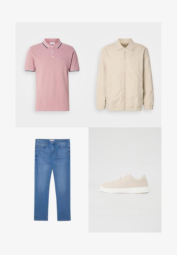 Beige lichtgewicht jack met een rits aan de voorkant, kraag, elastische manchetten en zijzakken. Gladde textuur, rechte snit en minimalistisch ontwerp.; Roze poloshirt met een knoopsluiting met twee knopen, een geribbelde kraag met marineblauwe en witte strepen, en een subtiel logo geborduurd op de borst.; Lichtblauwe spijkerbroek met een rechte pijp, vijf zakken, subtiele vervaging en metalen accenten op de taille en zakken.; Beige suède sneakers met witte rubberen zolen, ronde neus en zes veterogen. Gladde textuur met minimalistisch ontwerp.