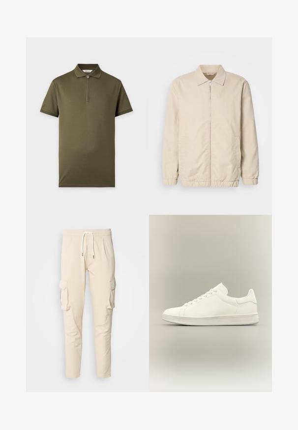 Veste légère beige avec fermeture éclair sur le devant, col, poignets élastiques et poches latérales. Texture lisse, coupe droite et design minimaliste.; Polo vert olive à manches courtes avec col zippé, poignets côtelés et sans motifs ni logos visibles, présenté sur un fond uni.; Pantalons cargo beiges avec une taille élastique et un cordon de serrage. Présente deux poches cargo latérales et une conception de jambe fuselée. Texture lisse.; Baskets basses blanches minimalistes avec lacets, tige en cuir lisse et semelle en caoutchouc texturée, présentées sur un fond neutre.