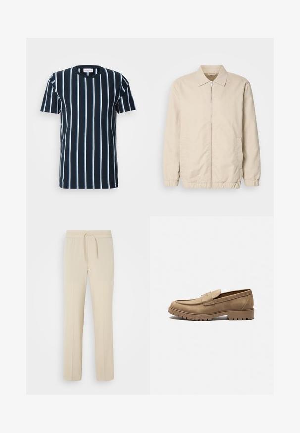 Chaqueta ligera beige con cierre frontal, cuello, puños elásticos y bolsillos laterales. Textura suave, corte recto y diseño minimalista.; Camiseta de rayas marinas con rayas blancas verticales, un cuello redondo, mangas cortas y un corte relajado. Tela de algodón suave.; Pantalones beis con cintura elástica y cordón. Presentan piernas rectas y una textura suave, adecuados para el uso casual o para relajarse.; Mocasines de gamuza color marrón claro con punta redondeada, suela plana de goma y costuras decorativas en la parte superior. Presentan un diseño sin cordones para poner y quitar fácilmente.