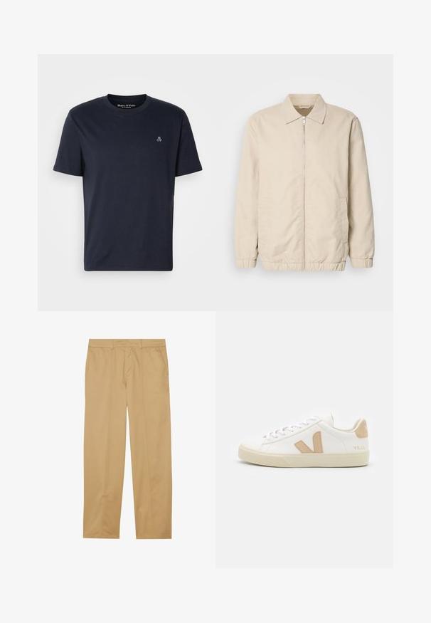 Beige leichte Jacke mit Reißverschluss, Kragen, elastischen Bündchen und Seitentaschen. Glatte Textur, gerader Schnitt und minimalistisches Design.; Navyblaues Baumwoll-T-Shirt mit kurzen Ärmeln, rundem Halsausschnitt und kleinem gesticktem Logo auf der Brust. Glatte Textur, lässiges Design.; Khakihosen aus glattem Stoff, mit geradem Bein, zwei vorderen Taschen und klaren, minimalen Nähdetails.; Weiße Sneaker mit beigen Akzenten, aus glattem Leder, mit runder Zehenform, flacher Gummisohle und Schnürverschluss sowie einem Logo an der Ferse.