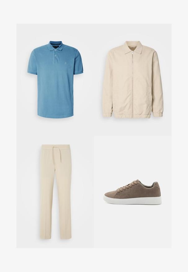 Beige leichte Jacke mit Reißverschluss, Kragen, elastischen Bündchen und Seitentaschen. Glatte Textur, gerader Schnitt und minimalistisches Design.; Helles blaues Poloshirt aus Baumwolle, mit klassischem Kragen, Drei-Knopf-Leiste und kleinem gesticktem Logo auf der Brust.; Beige, elastische Hosen mit einem Kordelzug. Sie haben gerade Beine und eine glatte Textur, geeignet für Freizeit oder Entspannung.; Braune Wildledersneaker mit flachen weißen Gummisohlen, Schnürdesign, abgerundete Zehen und einer glatten Textur. Minimalistischer Stil mit dezenten Nähdetails.