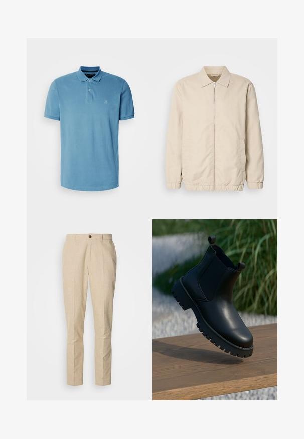 Beige letvægtsjakke med lynlås foran, krave, elastiske manchetter og sidelommer. Glat tekstur, lige snit og minimalistisk design.; Lyseblå polo skjorte lavet af bomuld, med klassisk krave, tre-knap lukning og lille broderet logo på brystet.; Beige bukser med et diskret ternet mønster, flad front, lige ben og en enkelt brun knap i taljen.; Sorte læder ankelstøvler med elastiske sidepaneler, rund tå og kraftig sål, vist på en træoverflade.