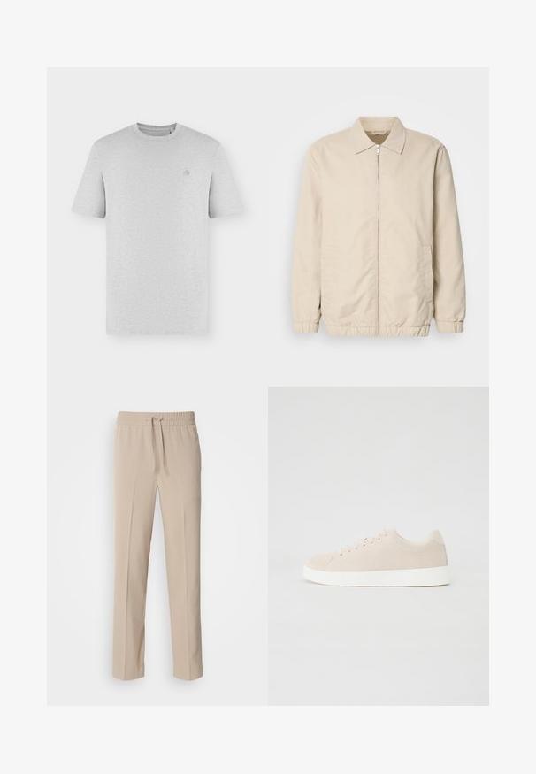 Veste légère beige avec fermeture éclair sur le devant, col, poignets élastiques et poches latérales. Texture lisse, coupe droite et design minimaliste.; T-shirt uni gris clair à manches courtes, col rond, avec un petit logo brodé discret sur le côté gauche de la poitrine.; Pantalons beiges, coupe décontractée, fabriqués en tissu doux, dotés d'une taille élastique avec cordon de serrage et de jambes droites avec des accents minimalistes.; Baskets en daim beige avec semelles en caoutchouc blanc, bout rond et six œillets pour les lacets. Texture lisse avec un design minimaliste.