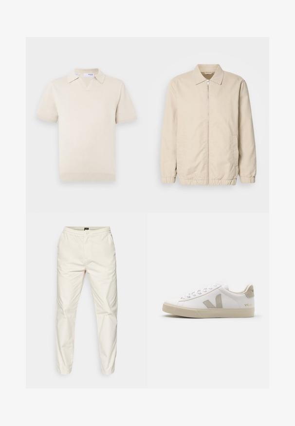 Veste légère beige avec fermeture éclair sur le devant, col, poignets élastiques et poches latérales. Texture lisse, coupe droite et design minimaliste.; Polo en maille à manches courtes de couleur crème avec un col en V et un design à col. Comprend des poignets et un ourlet côtelés, texture lisse.; Pantalons élastiqués beige clair avec une fermeture à bouton, présentant une texture lisse et des jambes fuselées, conçus pour un usage décontracté.; Baskets en cuir blanc avec des accents beiges, semelle plate en caoutchouc, bout rond et logo contrastant sur le côté et à l'arrière. Design à lacets.