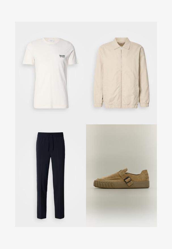 Beige letvægtsjakke med lynlås foran, krave, elastiske manchetter og sidelommer. Glat tekstur, lige snit og minimalistisk design.; Bomulds T-shirt i off-white, med rund halsudskæring, korte ærmer og et lille sort og grønt grafik på venstre bryst.; Marineblå, letvægtsbukser med elastisk talje og justerbar snor, med lige pasform og glat tekstur.; Tan ruskind slip-on sko med tyk gummisål og sort spænde over toppen, sidevisning på ensfarvet baggrund.