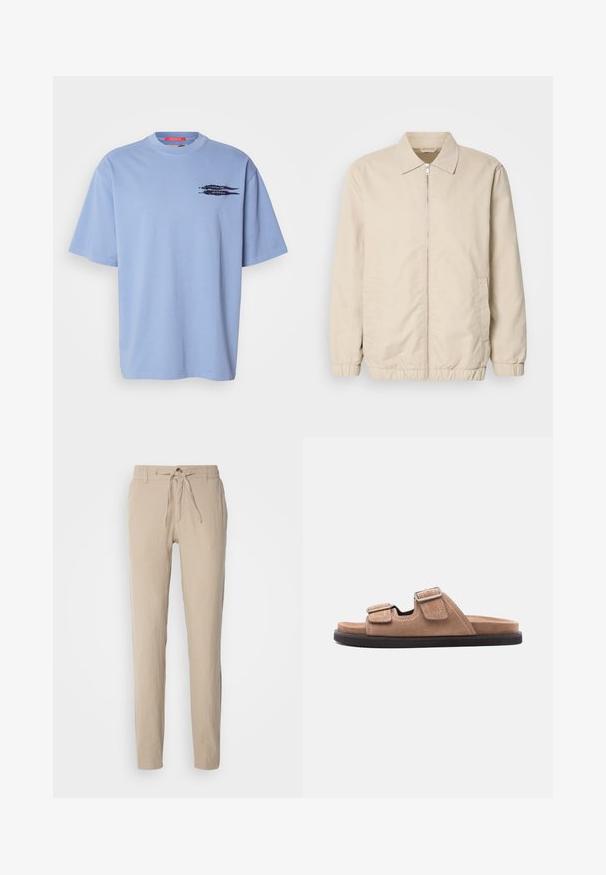 Beige letvægtsjakke med lynlås foran, krave, elastiske manchetter og sidelommer. Glat tekstur, lige snit og minimalistisk design.; Lyseblå t-shirt med korte ærmer lavet af bomuld. Har en rund halsudskæring og et sort grafisk motiv af pile på den venstre brystområde.; Beige linnedbukser med lige snit, elastisk talje med snor og to sidelommer. Glat tekstur og minimalistisk design.; Brun ruskinds slidessandal med sort sål, med to justerbare remme med spænder og hvide syninger, set fra siden på hvid baggrund.