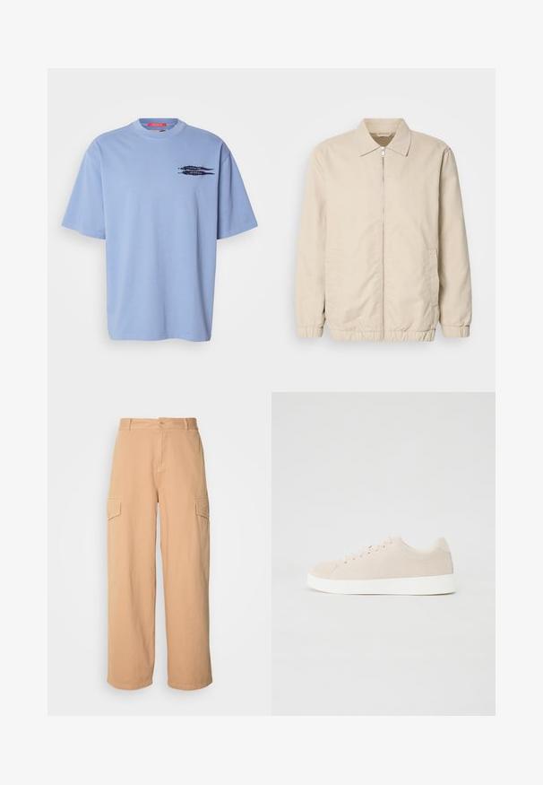 Beige letvægtsjakke med lynlås foran, krave, elastiske manchetter og sidelommer. Glat tekstur, lige snit og minimalistisk design.; Lyseblå t-shirt med korte ærmer lavet af bomuld. Har en rund halsudskæring og et sort grafisk motiv af pile på den venstre brystområde.; Beige bredde cargo bukser lavet af letvægtsstof, med to sidelommer og knaplukning i taljen. Blød tekstur.; Beige ruskindsneakers med hvide gummisåler, rund tå og seks snøringshuller. Glat tekstur med minimalisk design.