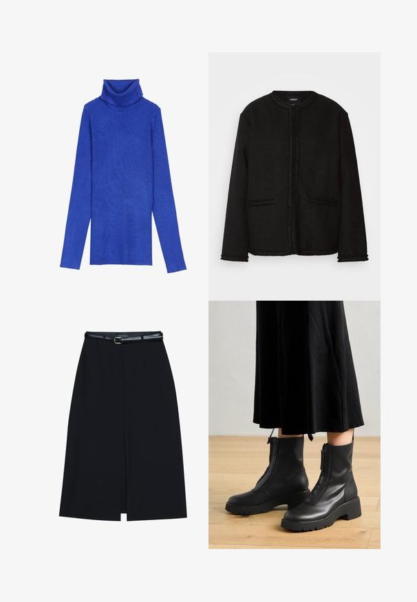 Veste noire en tissu texturé avec un col rond, des poches à l'avant et une bordure à franges le long des bords et des poignets.; Pull en col roulé côtelé bleu royal réalisé en tissu texturé, avec des manches longues et un col replié, présentant un design ajusté.; Jupe noire à mi-cuisse avec une fente frontale, fabriquée en tissu lisse. Comprend une fine ceinture noire avec une boucle en argent et des passants.; Bottines en cuir noir avec une semelle plateforme épaisse et une fermeture éclair à l'avant. Texture lisse avec un design minimaliste.