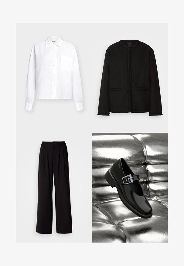Veste noire en tissu texturé avec un col rond, des poches à l'avant et une bordure à franges le long des bords et des poignets.; Chemise blanche à manches longues avec boutons, col et poche poitrine, design uni sur fond clair.; Pantalon large noir en tissu lisse, avec des plis à l'avant, une taille ajustée, et sans motifs ni accents visibles.; Chaussure Mary Jane en cuir noir avec un bout carré, un accent de boucle en argent et un talon bas épais, sur un fond argenté brillant.