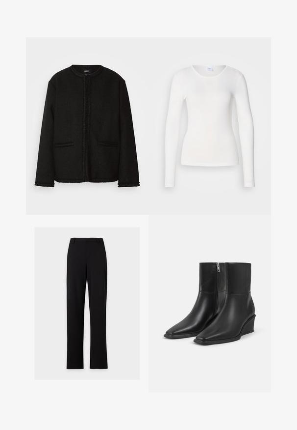 Schwarze Jacke aus strukturiertem Stoff mit Rundhalsausschnitt, Vordertaschen und fransigem Saum an den Kanten und Ärmeln.; Weißes Langarmhemd aus einem weichen, glatten Stoff; hat einen runden Ausschnitt und eine figurbetonte Passform, ohne Muster oder Verzierungen.; Schwarze gerade geschnittene Anzughose mit Gürtelschlaufen und ohne sichtbare Taschen, vor einem schlichten hellgrauen Hintergrund dargestellt.; Paar schwarze Leder-Stiefeletten mit spitzen Zehen, Keilabsätzen und seitlichen Reißverschlussverschlüssen auf einfachem hellem Hintergrund.