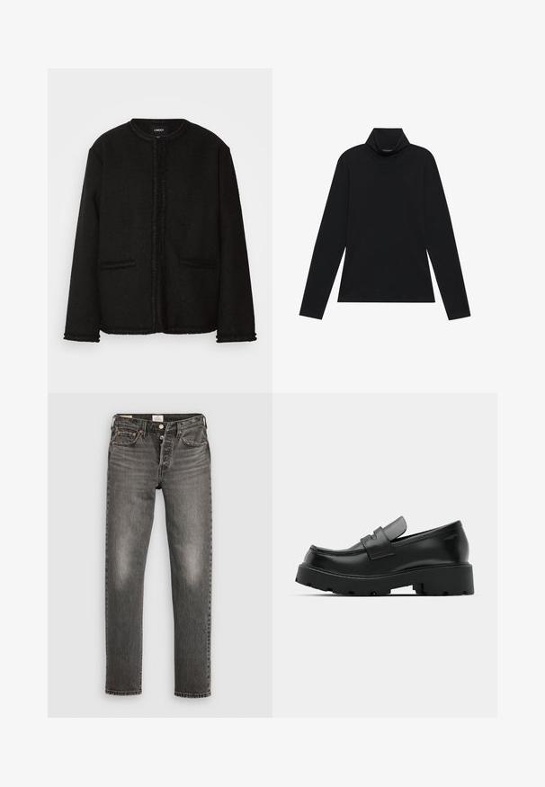Schwarze Jacke aus strukturiertem Stoff mit Rundhalsausschnitt, Vordertaschen und fransigem Saum an den Kanten und Ärmeln.; Schwarzes langärmeliges Rollkragenshirt. Weicher Stoff, enganliegendes Design, hoher Kragen und seitliche Nähte. Schlichter und vielseitiger Stil, der sich gut für das Layering eignet.; Graue Jeans aus Denim mit geradem Bein, mit beschädigter Textur, subtilen Verwaschungen, kupfernen Nieten und einem klassischen Knopfverschluss.; Schwarze Leder-Loafers mit einer chunky strukturierten Sohle, ausgestattet mit einem Riemen über dem Spann und einer glatten, polierten Oberfläche.