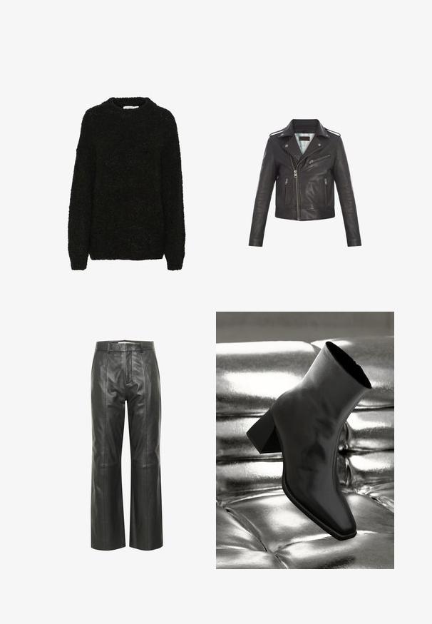 Veste de biker en cuir noir avec fermeture éclair asymétrique, col à revers, deux poches avant et doublure intérieure matelassée. L'ourlet arrive à la taille.; Pull noir texturé avec un col rond et des manches longues. Tissu doux et duveteux avec une coupe ample, idéal pour un style décontracté.; Pantalons larges en cuir noir avec une texture lisse, dotés d'une ceinture, de plis à l'avant et de détails de couture subtils.; Botte noire à la cheville en matériau brillant avec un bout carré et un talon effilé, sur un fond argenté brillant et capitonné.