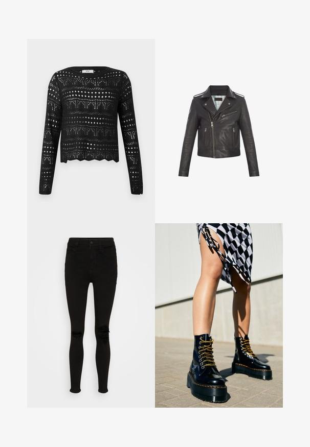 Veste de biker en cuir noir avec fermeture éclair asymétrique, col à revers, deux poches avant et doublure intérieure matelassée. L'ourlet arrive à la taille.; Pull noir à manches longues en crochet tricoté avec motifs ajourés géométriques et à points et ourlet festonné, étiqueté JDY.; American Eagle SUPER HIGH RISE - Jegging - black wash; Bottes plateformes en cuir noir avec des semelles épaisses, des lacets dorés et des coutures orange, assorties à une jupe à carreaux mettant en valeur une fente sur le côté.