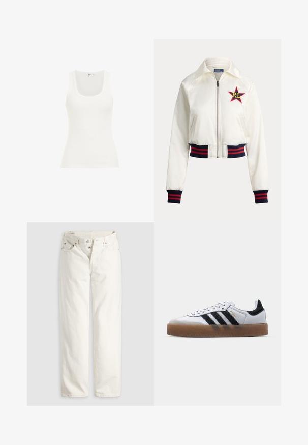 Witte bomberjack met rits, met rode en marineblauwe gestreepte geribde boorden en zoom, met een rode sterrenpatch met gele "RL" letters op de borst.; Witte geribde tanktop met een ronde hals en brede schouderbanden. De stof lijkt rekbaar en aansluitend, geschikt voor het dragen in lagen of voor casual gebruik.; Witte rechte jeans met hoge taille, knoopsluiting, voor- en achterzakken, en zichtbare koperen klinknagels op de hoeken van de zakken.; Witte leren sneakers met zwarte strepen, gumrubberen buitenzool, ronde neus, vetersluiting en een zachte grijze suède neuskap.