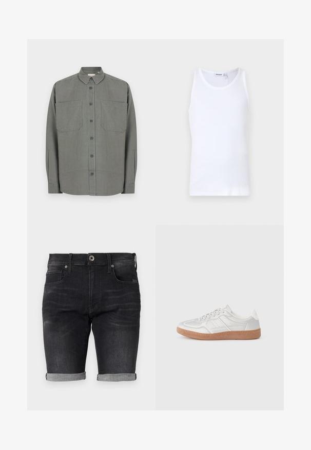 Camisa gris abotonada hecha de tela mezclada de algodón. Cuenta con un cuello clásico, dos bolsillos en el pecho y cierre frontal con botones.; Top sin mangas de algodón blanco con cuello redondo y tirantes anchos. Textura suave, sin patrones, diseño limpio y etiqueta de marca en el escote.; Pantalones cortos de mezclilla negra con un diseño ajustado, dobladillos enrollados y una cinturilla clásica que cuenta con un cierre de botón delantero y bolsillos laterales.; Zapatillas plateadas con una textura suave, diseño de cordones, acentos perforados y una suela de goma marrón texturizada.